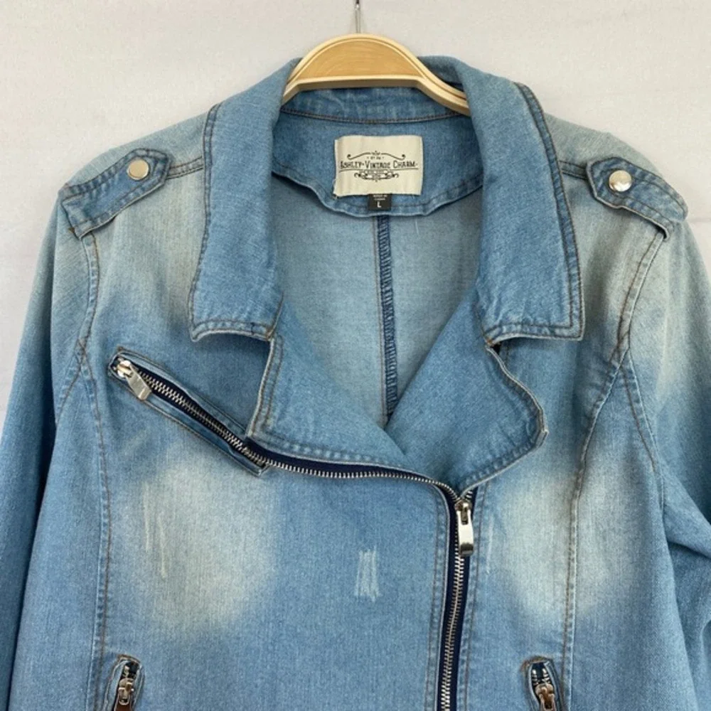Ashley Vintage Charm Y2K Bikercore Moto Denim Jacket Women L‎ Blue Grunge